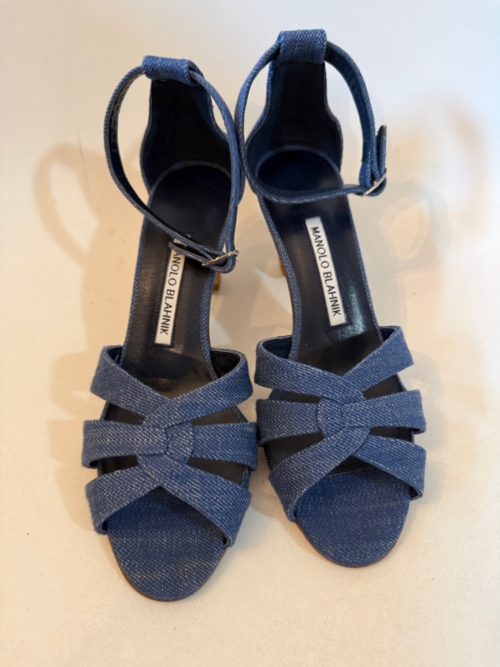 Manolo Blahnik Denim Blue Strappy Heeled Sandals 37 or 7